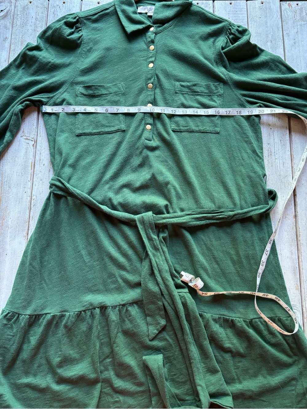 LOFT Green Tie Waist Shirt Dress XL Cotton Long Sleeve - Picture 6 of 14